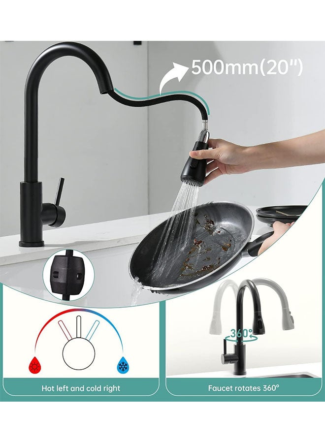 صنبور رشاش المطبخ، صنبور المطبخ ذو مقبض واحد بمقبض واحد مع وضعين للمياه ودوران 360 درجة للمياه الساخنة والباردة، من الفولاذ المقاوم للصدأ، صنبور من الفولاذ المقاوم للصدأ ذو قوس عالٍ، بخاخ سيليكون سهل التنظيف (أسود غير لامع)